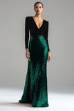 Sparkly Gold and Black Velvet V-Neck Formal Dress with Long Sleeves