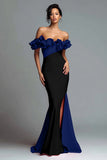 Black and Red Off The Shoulder Mermaid Ruffled Formal Dress with Slit