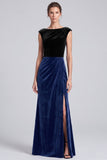 Black and Brown Velvet Bateau Neck Cap Sleeve Long Formal Dress with Slit