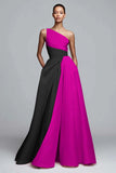 Pink A-Line One Shoulder Ruched Long Formal Dress