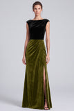 Black and Brown Velvet Bateau Neck Cap Sleeve Long Formal Dress with Slit