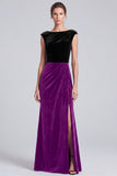 Black and Brown Velvet Bateau Neck Cap Sleeve Long Formal Dress with Slit