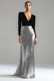 Sparkly Gold and Black Velvet V-Neck Formal Dress with Long Sleeves
