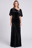Dark Grey Asymmetrical Neck Velvet Formal Dress with Short Sleeves