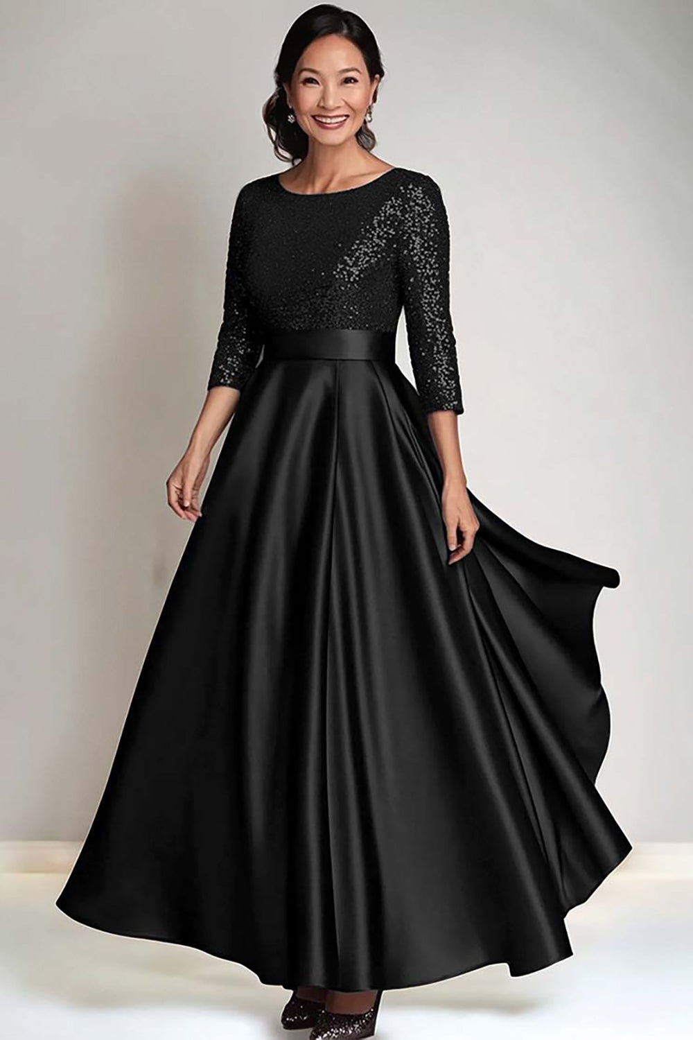 WEDTREND Women Sparkly Navy Mother of The Bride Dress A Line Sequin Long Sleeves Long Wedding Guest Dress, Black / US10