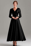 A Line Grey Blue V-Neck Mother Of the Bride Dress with Long Sleeves