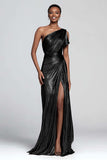 Brown One Shoulder Metallic Sheath Long Prom Dress with Slit