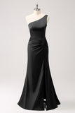 Elegant Mermaid One Shoulder Pleated Backless Bridesmaid Dress with Slit