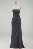 Light Pink Strapless Ruched Sheath Long Prom Dress with Slit