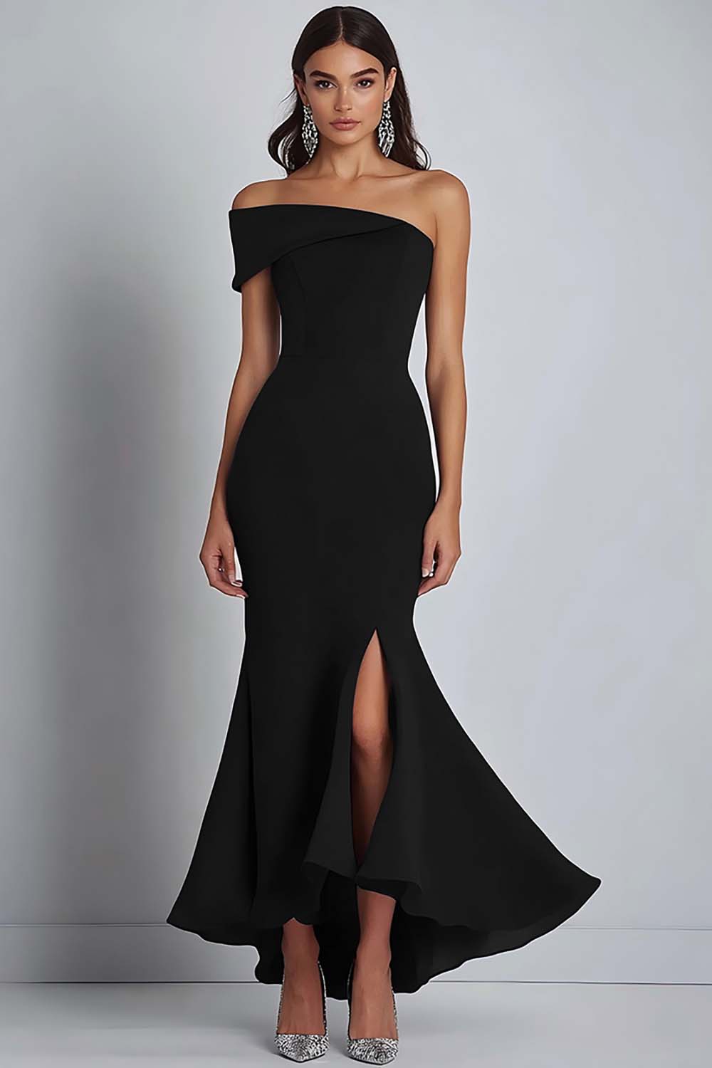 WEDTREND Women Black Formal Dress With Slit One Shoulder Mermaid Long Prom Dress WEDTREND Women Black Formal Dress With Slit One Shoulder Mermaid Long Prom Dress