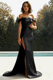 Metallic Gold Off The Shoulder Sheath Pleated Long Prom Dress with Slit