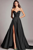 Strapless Satin A Line Long Formal Dress With Slit