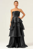 A Line Strapless Tiered Pleated Ruffled Dark Navy Maxi Dress