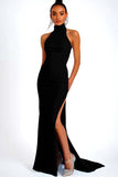 Halter Black Mermaid Long Formal Dress With Slit