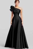 Navy A Line Ruffled One Shoulder Satin Long Formal Dress