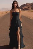 Strapless Ruffled Ivory A Line Maxi Wedding Dress with Slit
