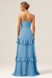 Dark Green A Line V Neck Ruffled Chiffon Tiered Long Bridesmaid Dress with Slit