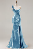 Metallic Burgundy Mermaid One Shoulder Corset 3D Flowers Long Prom Dress with Slit