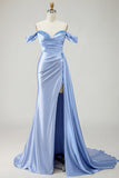 Royal Blue Off The Shoulder Mermaid Beaded Streamer Ruched Long Prom Dress with Slit