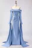 Off the Shoulder Dark Green Mermaid Ruched Prom Dress with Long Sleeves