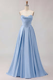 Golden A Line Beaded Strapless Corset Satin Long Prom Dress