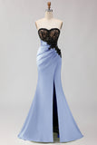 Black Green Strapless Mermaid Lace Appliqued Ruched Long Prom Dress with Slit