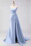 Royal Blue A Line Beaded Strapless Ruched Long Prom Dress with Slit