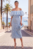 Off the Shoulder Ruffled Yellow Midi Wedding Guest Dress