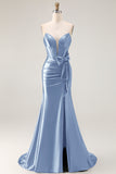 Navy Mermaid Strapless Ruched Corset Beaded Long Prom Dress with Slit
