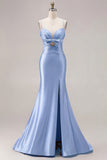 Mermaid Fuchsia Satin Cut Out Ruched Long Prom Dress with Slit