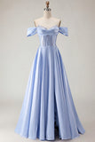Off the Shoulder Purple A Line Beaded Corset Long Prom Dress with Slit