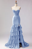 Red Mermaid Sweetheart Beaded Corset Tiered Ruffle Long Prom Dress with Slit