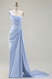 One Shoulder Green Sheath Ruched Long Prom Dress with Slit