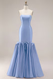 Fuchsia Strapless Mermaid Satin Long Prom Dress with 3D Flowers