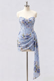 Strapless Pink Bodycon Corset Floral Sequin Homecoming Dress with Sash