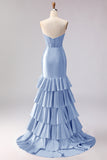 Red Mermaid Sweetheart Beaded Corset Tiered Ruffle Long Prom Dress with Slit