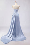 Royal Blue A Line Beaded Strapless Ruched Long Prom Dress with Slit
