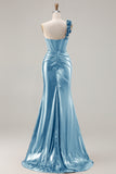 Metallic Burgundy Mermaid One Shoulder Corset 3D Flowers Long Prom Dress with Slit