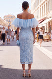 Off the Shoulder Ruffled Yellow Midi Wedding Guest Dress