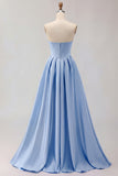 Golden A Line Beaded Strapless Corset Satin Long Prom Dress