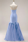 Fuchsia Strapless Mermaid Satin Long Prom Dress with 3D Flowers