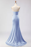 Green Strapless Mermaid 3D Flower Satin Long Prom Dress with Slit