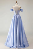 Off the Shoulder Purple A Line Beaded Corset Long Prom Dress with Slit