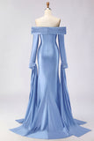 Off the Shoulder Dark Green Mermaid Ruched Prom Dress with Long Sleeves