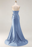 Navy Mermaid Strapless Corset Beaded Satin Long Prom Dress with Bow