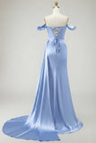 Royal Blue Off The Shoulder Mermaid Beaded Streamer Ruched Long Prom Dress with Slit