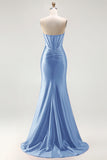 Red Strapless Mermaid Corset Beaded Ruched Satin Long Prom Dress with Slit