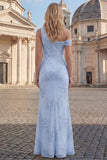 Blue Asymmetrical Neck Mermaid Appliqued Long Prom Dress