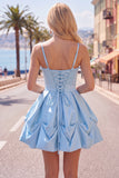 Pink Ruched Spaghetti Straps A Line Short Homecoming Dress with Lace Up Back