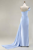 One Shoulder Green Sheath Ruched Long Prom Dress with Slit